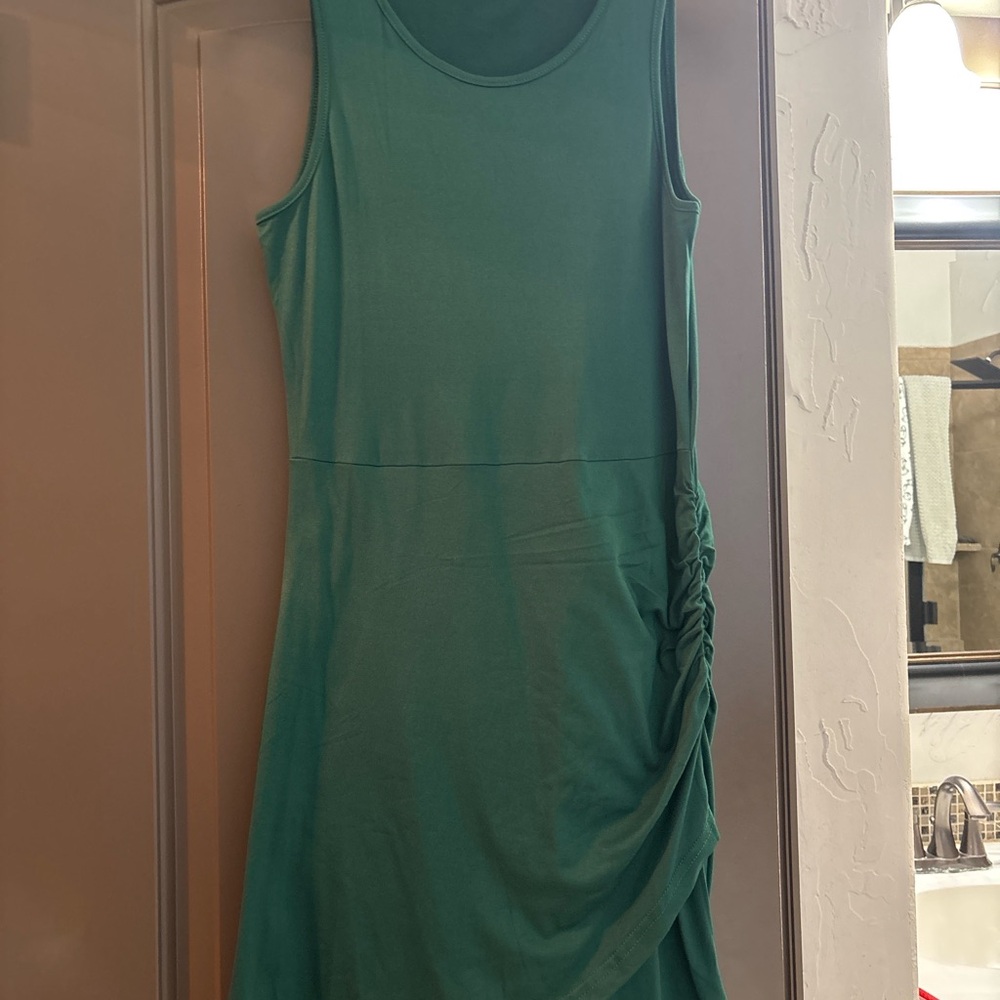 Green Sleeveless Ruched Knit Dress Small Faux Wrap Casual Dress